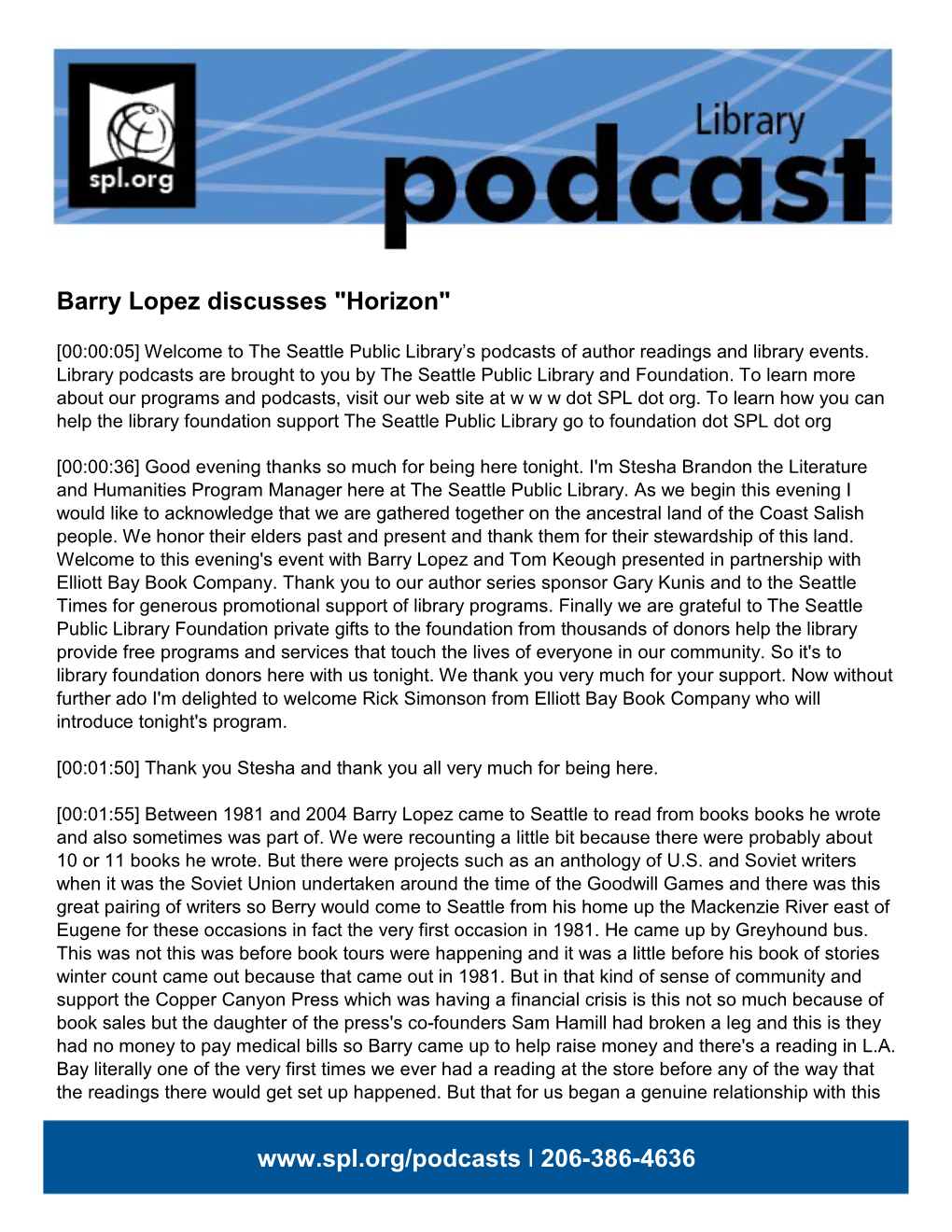 Barry Lopez Discusses "Horizon"