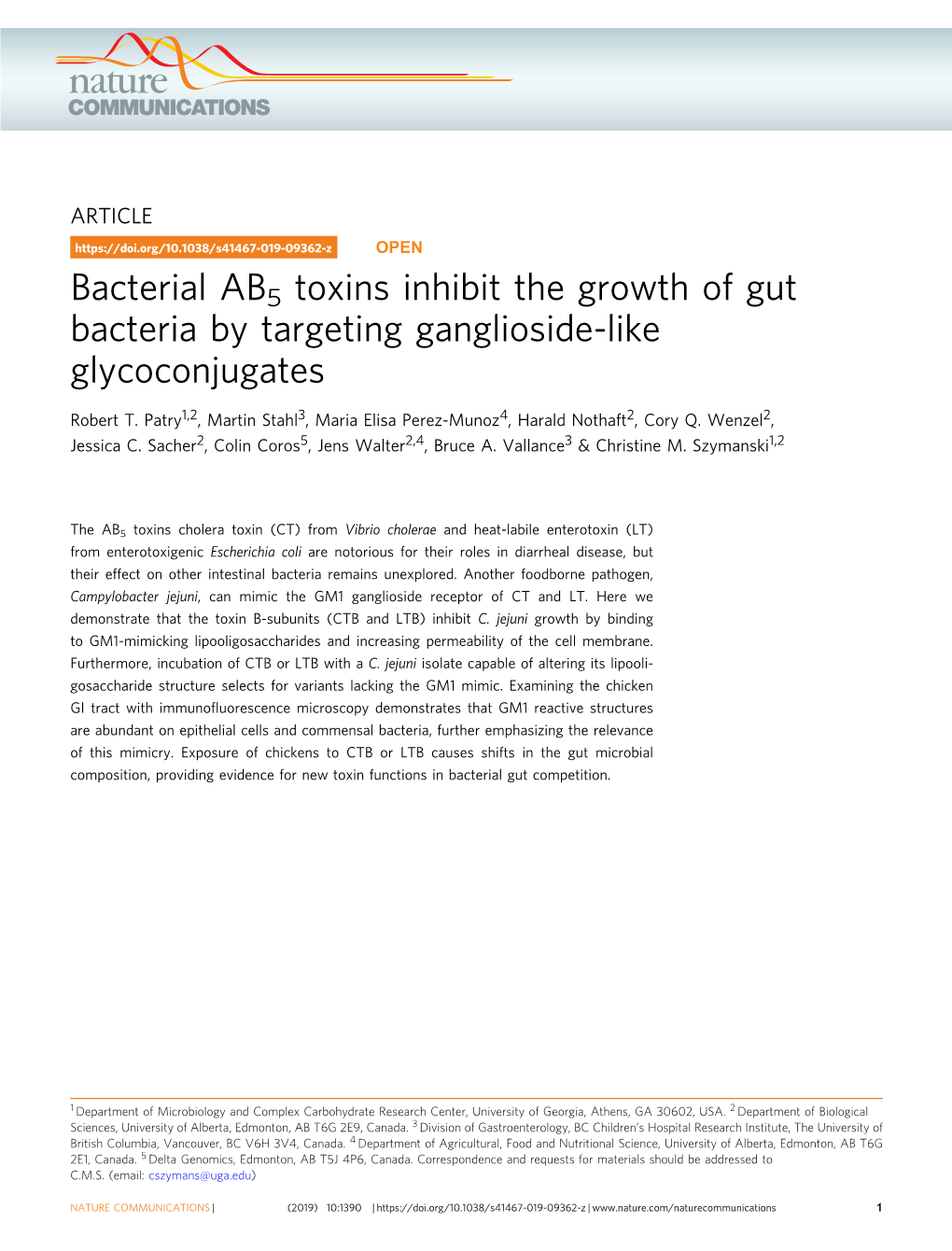 Bacterial AB5 Toxins Inhibit the Growth of Gut Bacteria by Targeting Ganglioside-Like Glycoconjugates