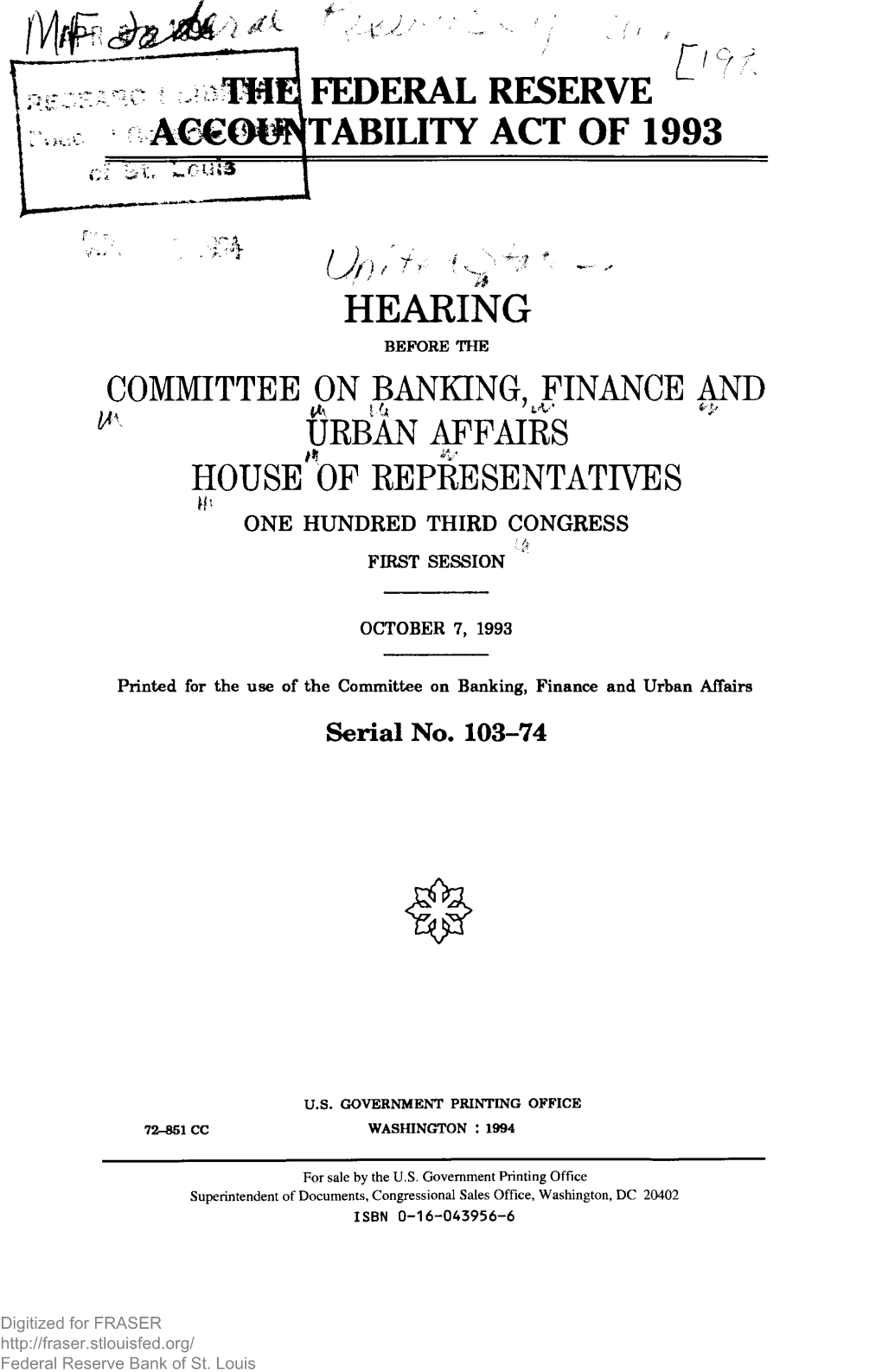 Federal Reserve Accountability Act of 1993: Hearing Before The