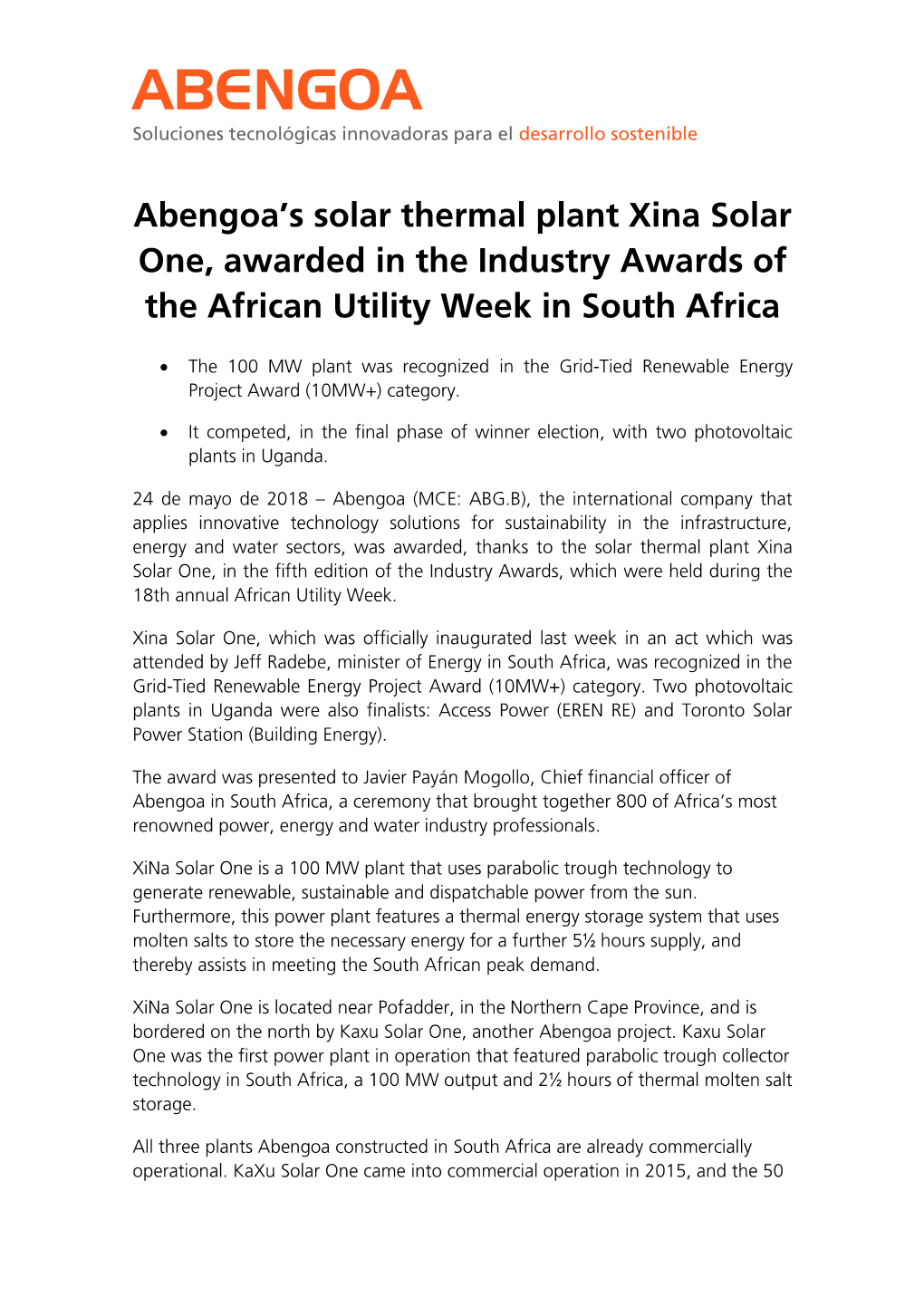 Abengoa's Solar Thermal Plant Xina Solar One, Awarded in the Industry