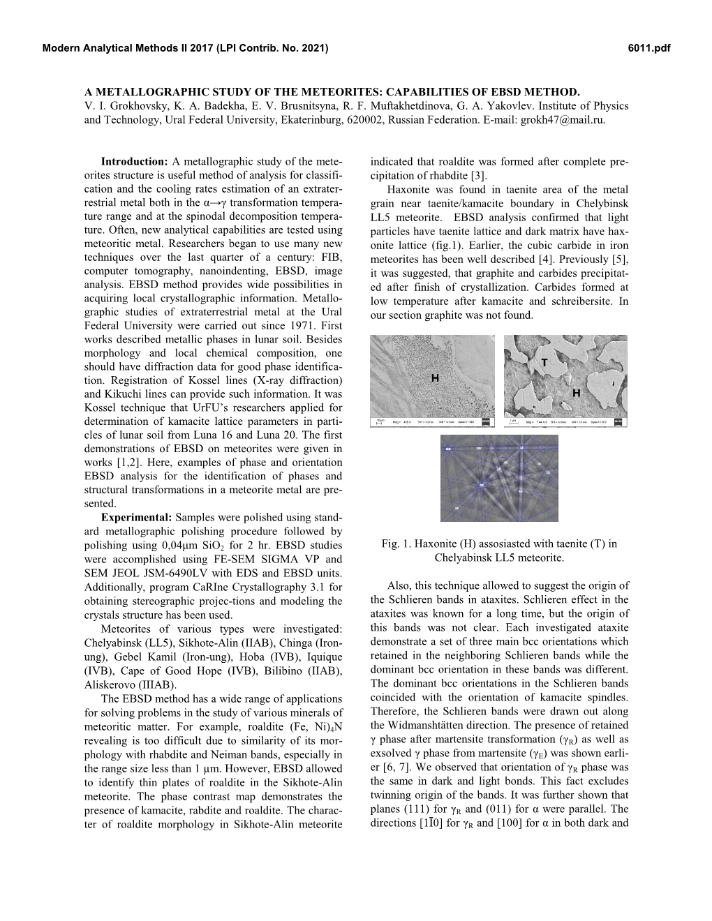 A Metallographic Study of the Meteorites: Capabilities of Ebsd Method