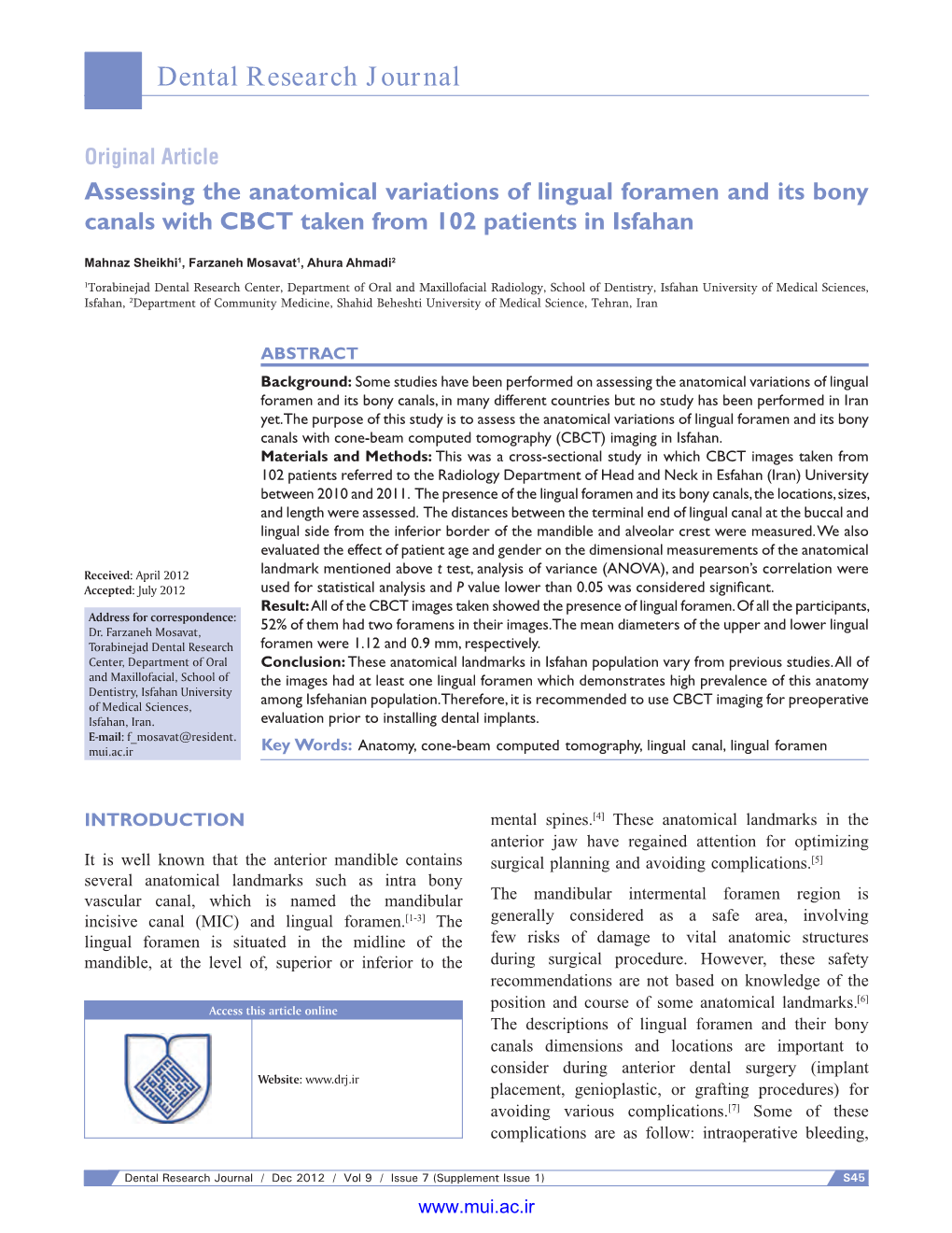 Assessing the Anatomical Variations of Lingual Foramen and Its Bony Canals with CBCT Taken from 102 Patients in Isfahan