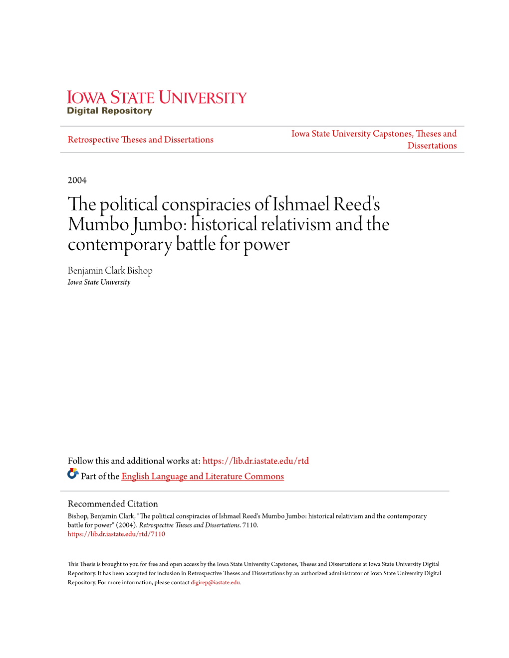 The Political Conspiracies of Ishmael Reed's Mumbo Jumbo: Historical Relativism and the Contemporary Battle for Power Benjamin Clark Bishop Iowa State University