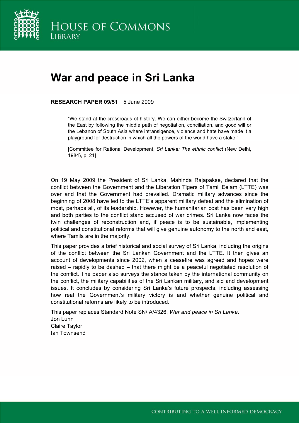 War and Peace in Sri Lanka