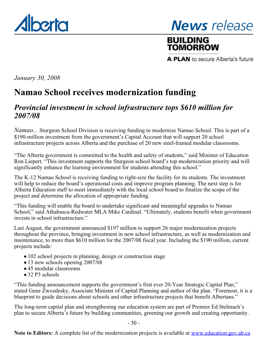 Namao School Receives Modernization Funding Provincial Investment in School Infrastructure Tops $610 Million for 2007/08