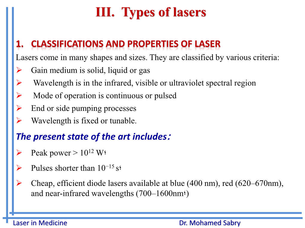 III. Types of Lasers