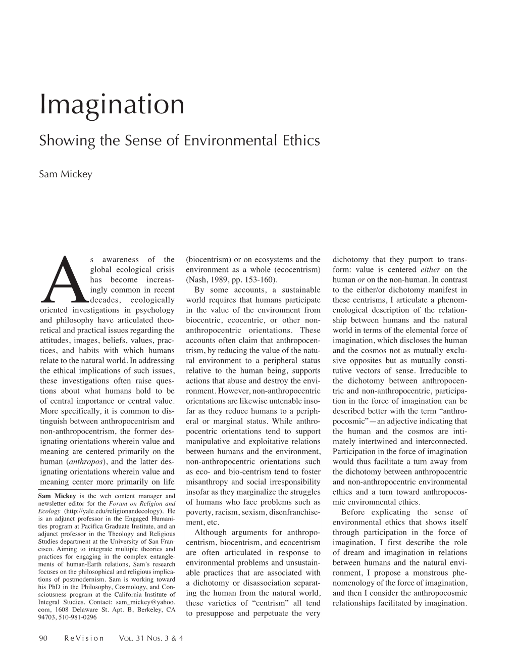 Imagination Showing the Sense of Environmental Ethics