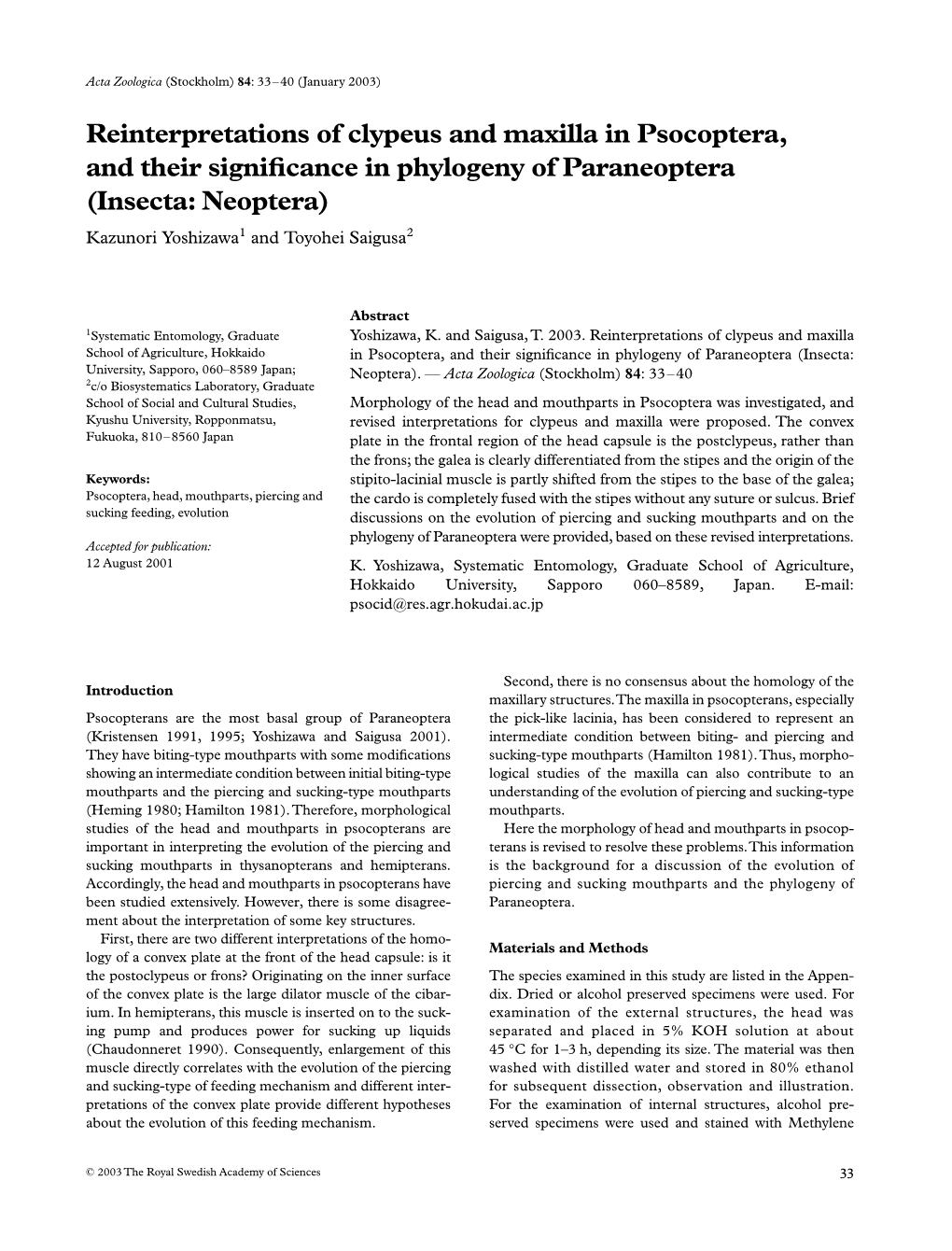 Reinterpretations of Clypeus and Maxilla in Psocoptera, and Their