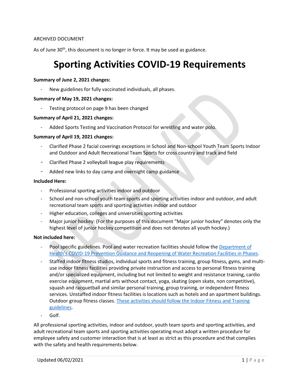 Sporting Activities COVID-19 Requirements