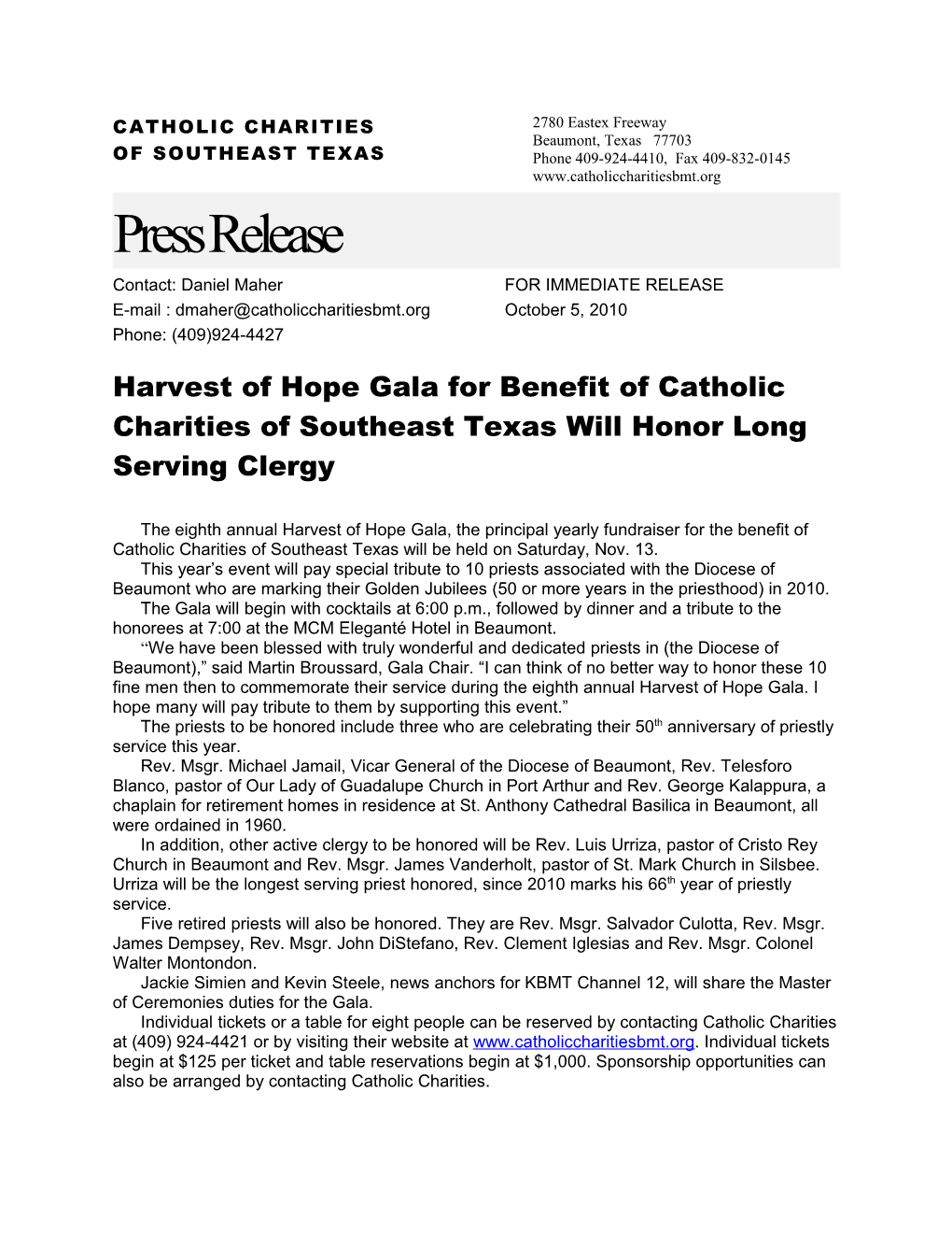 Harvest of Hope Gala for Benefit of Catholic Charities of Southeast Texas Will Honor Long