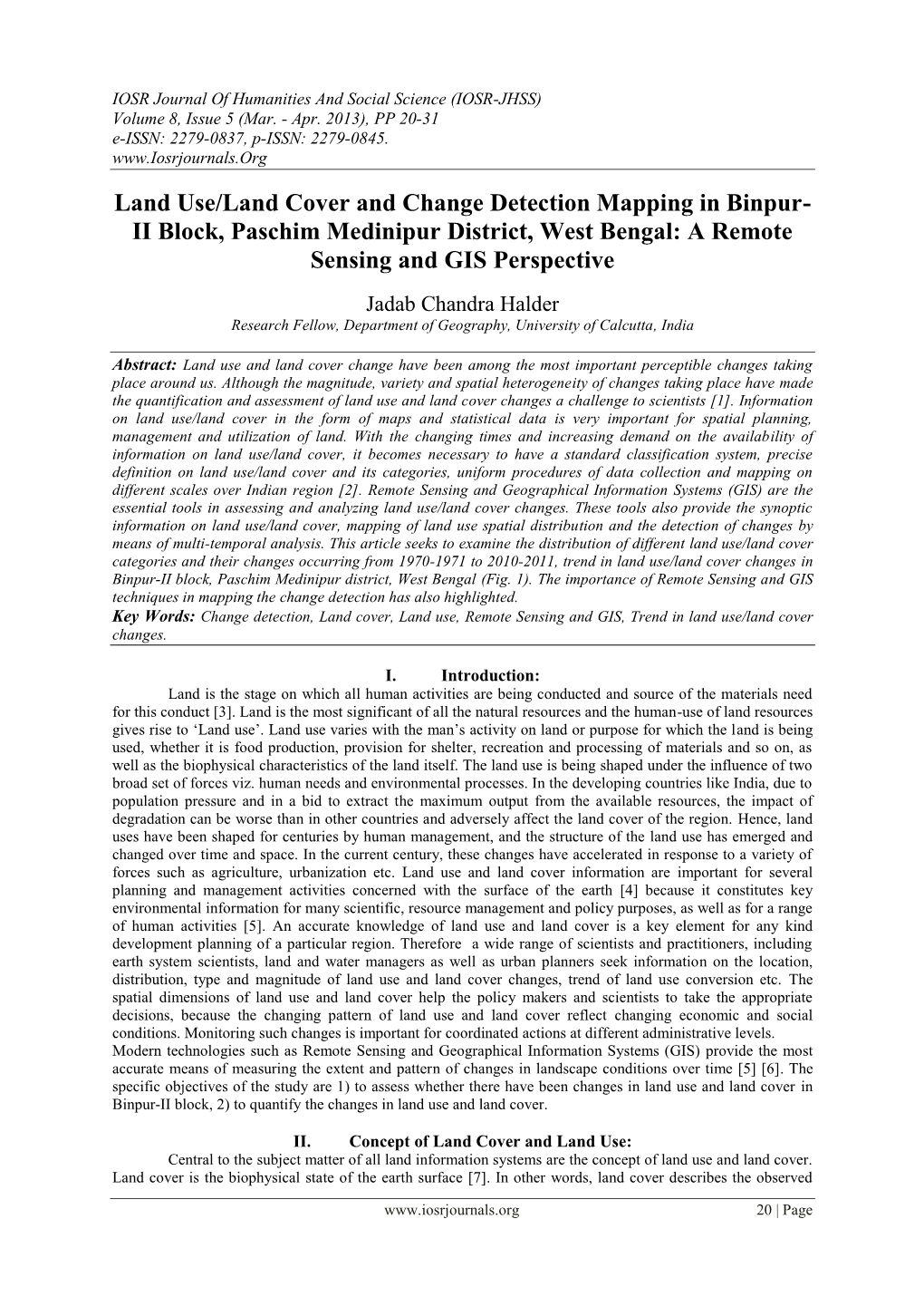 Land Use/Land Cover and Change Detection Mapping in Binpur- II Block, Paschim Medinipur District, West Bengal: a Remote Sensing and GIS Perspective