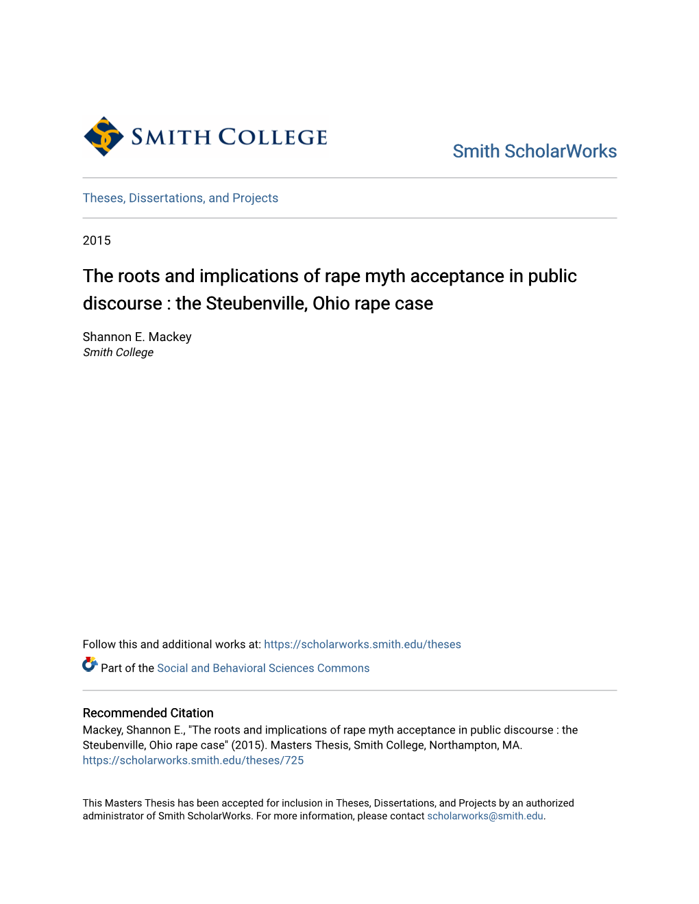 The Roots and Implications of Rape Myth Acceptance in Public Discourse : the Steubenville, Ohio Rape Case