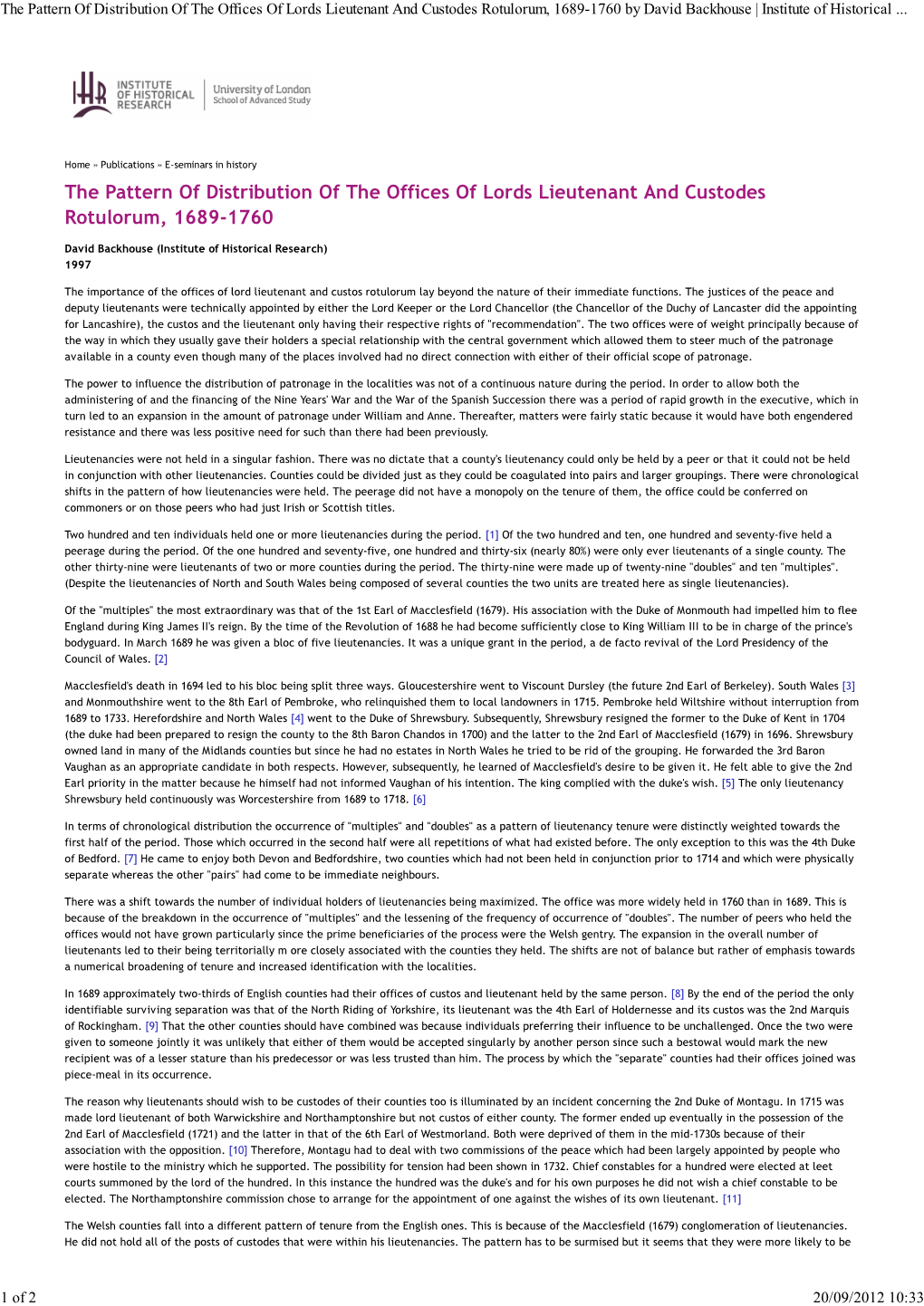The Pattern of Distribution of the Offices of Lords Lieutenant and Custodes Rotulorum, 1689-1760 by David Backhouse | Institute of Historical