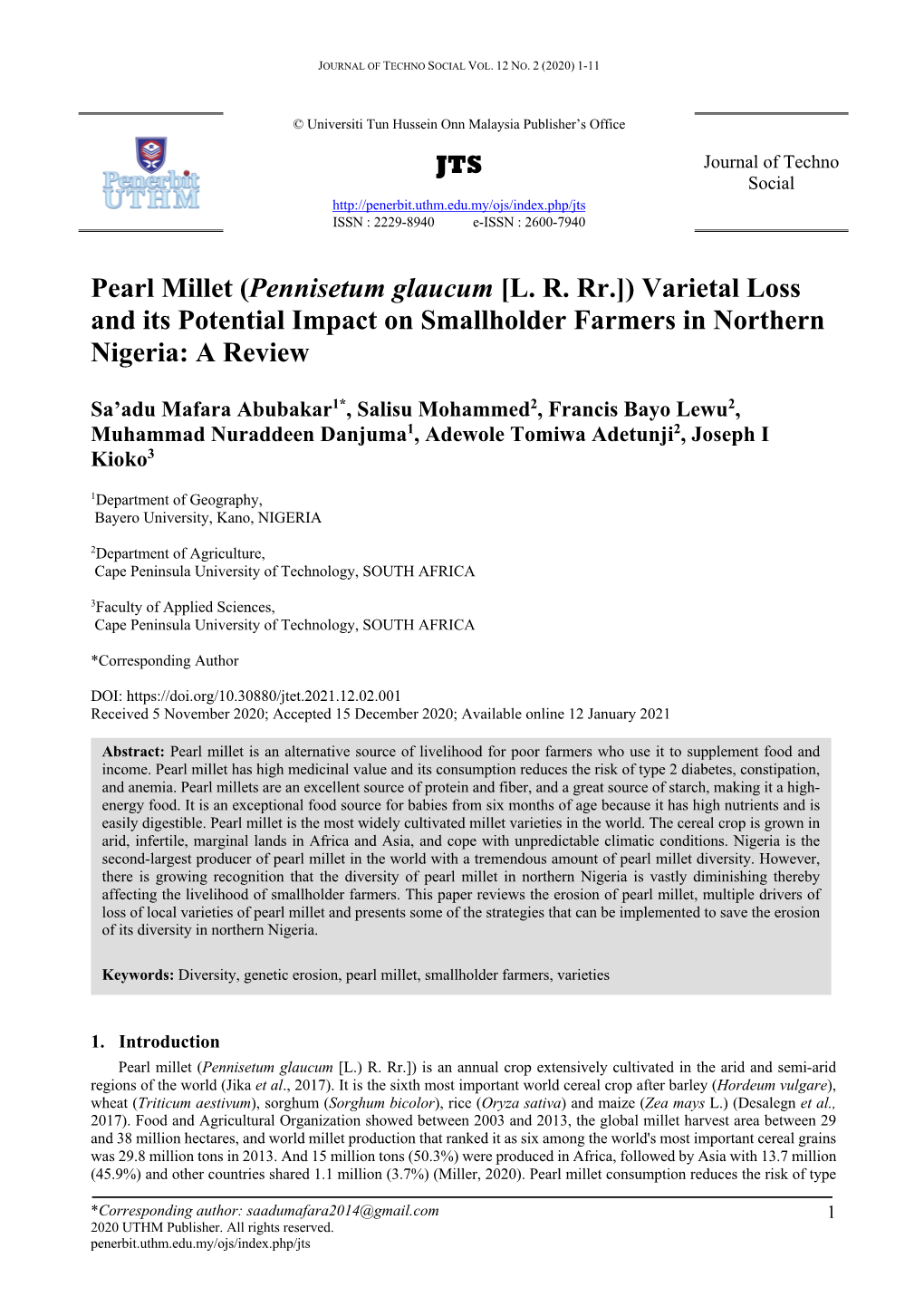 Pearl Millet (Pennisetum Glaucum [LR Rr.]) Varietal Loss and Its Potential