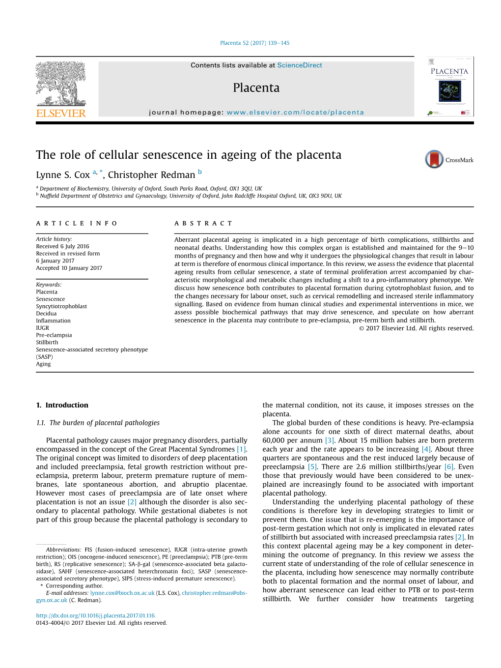 The Role of Cellular Senescence in Ageing of the Placenta