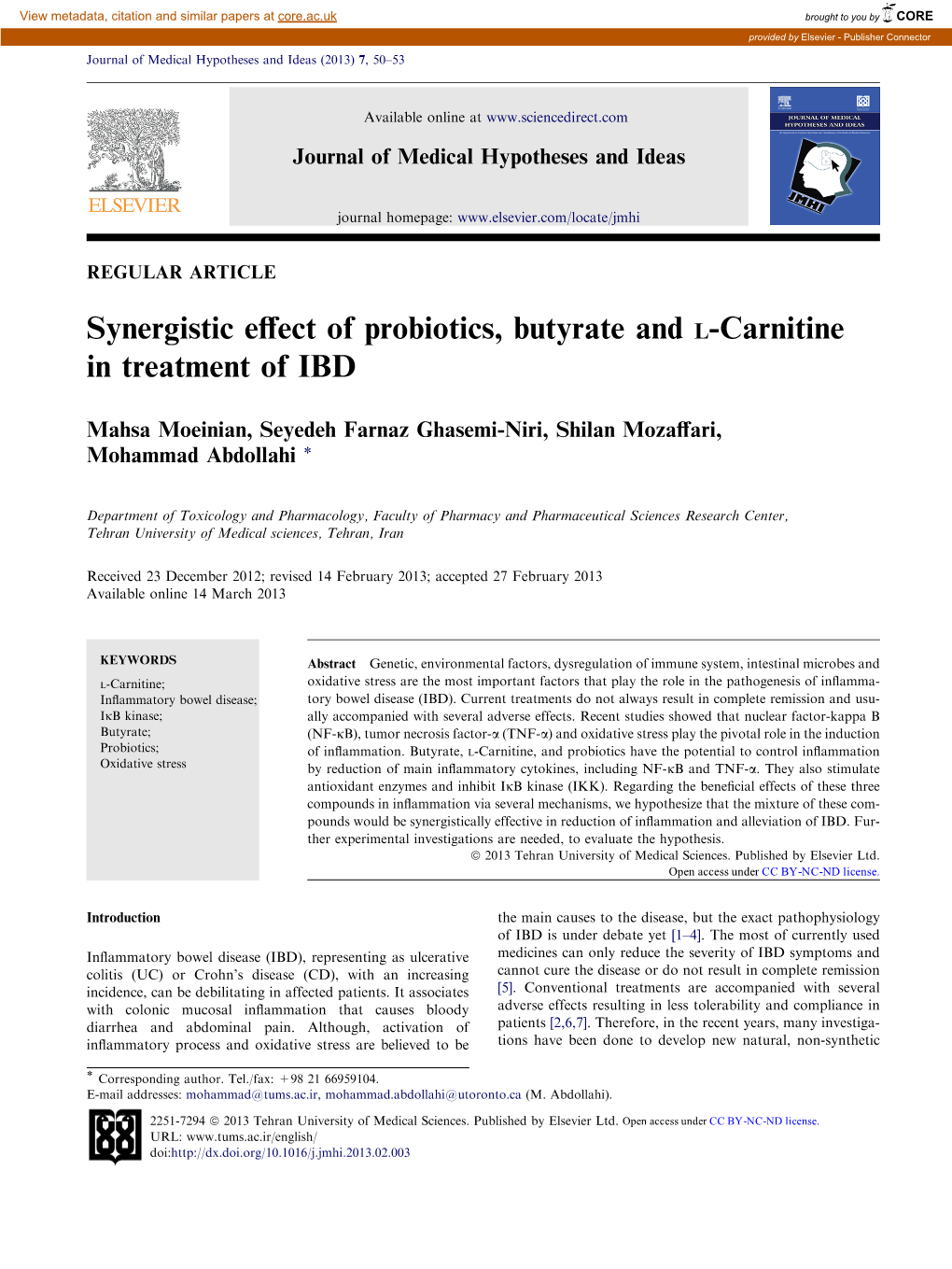 Synergistic Effect of Probiotics, Butyrate and L-Carnitine In