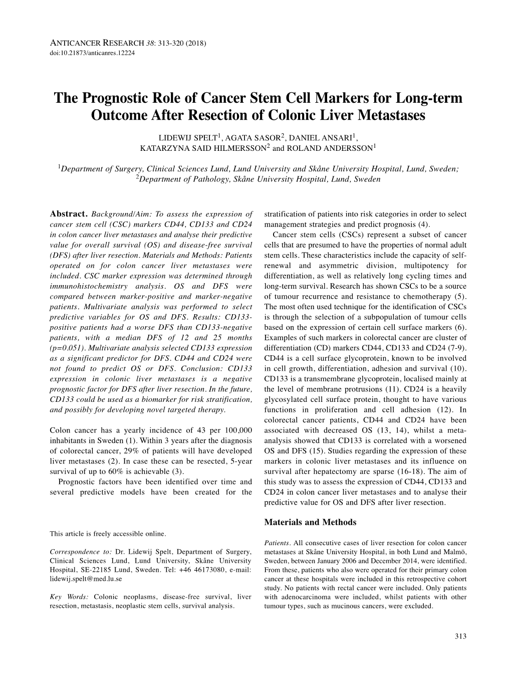 The Prognostic Role of Cancer Stem Cell Markers for Long-Term Outcome After Resection of Colonic Liver Metastases