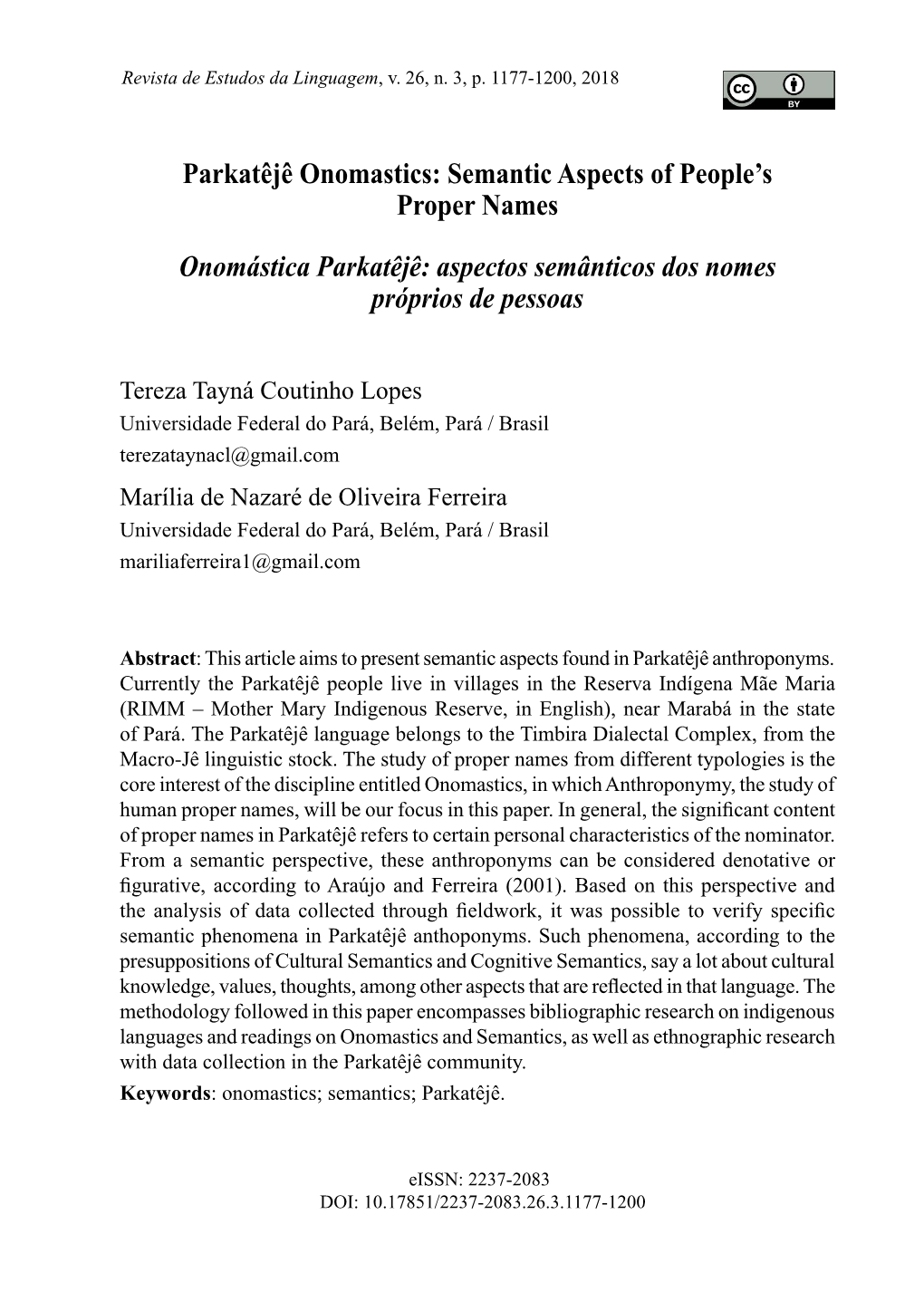 Semantic Aspects of People's Proper Names Onomástica Parkatêjê