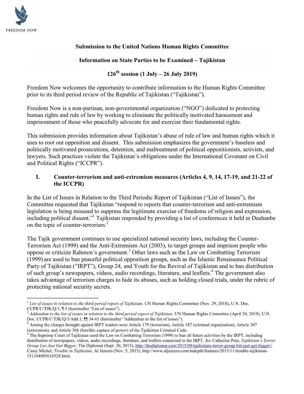 Submission to the United Nations Human Rights Committee Information on State Parties to Be Examined – Tajikistan 126 Session (