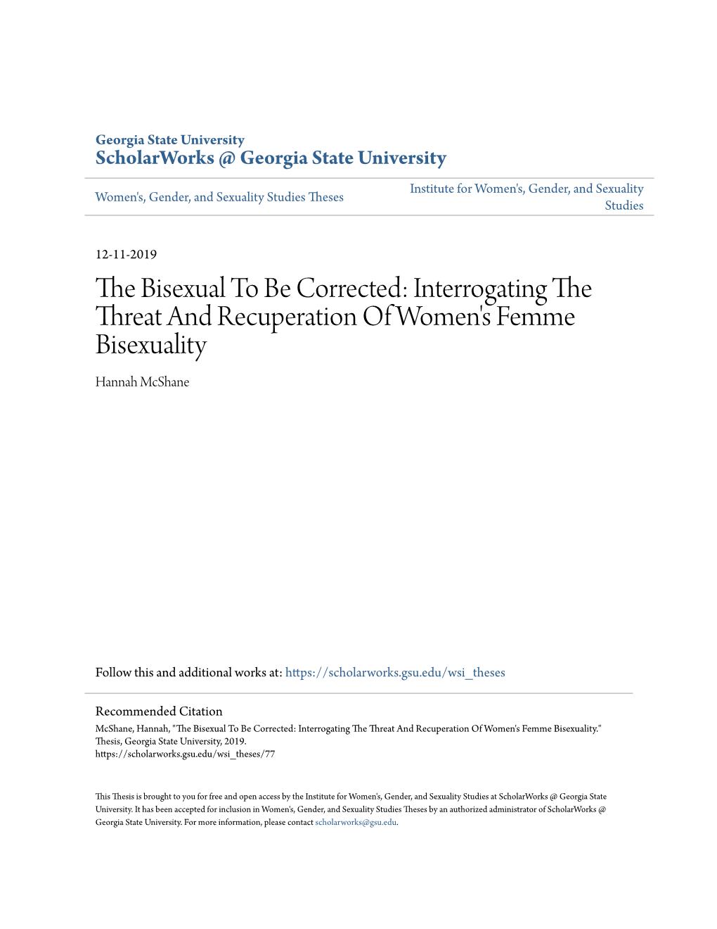 Interrogating the Threat and Recuperation of Women's Femme Bisexuality Hannah Mcshane