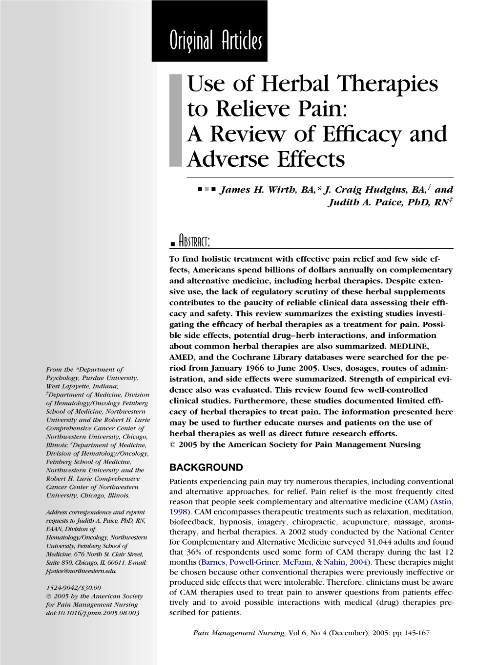 Use of Herbal Therapies to Relieve Pain: a Review of Efficacy and Adverse Effects Original Articles