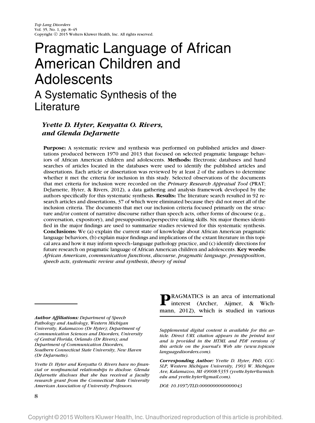 Pragmatic Language of African American Children and Adolescents a Systematic Synthesis of the Literature