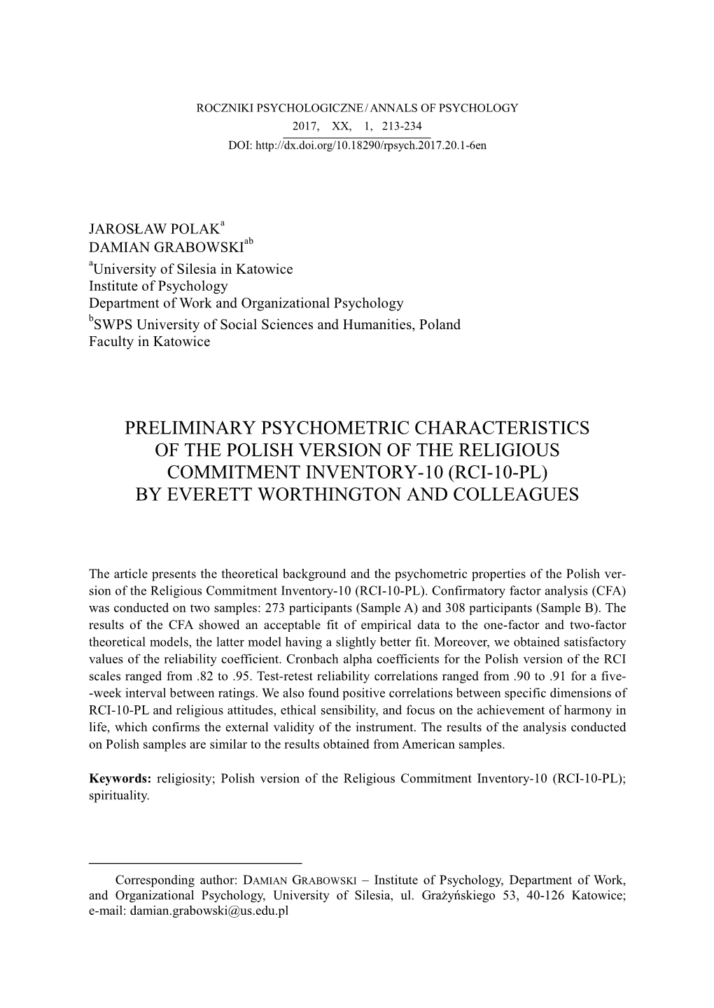 Preliminary Psychometric Characteristics of the Polish Version of the Religious Commitment Inventory-10 (Rci-10-Pl) by Everett Worthington and Colleagues