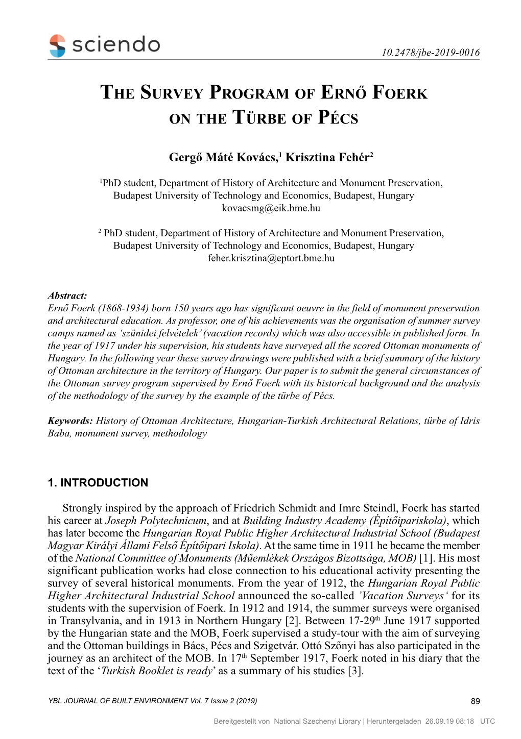 The Survey Program of Ernő Foerk on the Türbe of Pécs