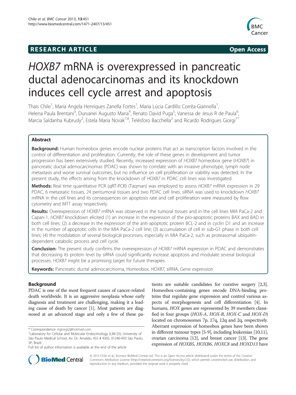 HOXB7 Mrna Is Overexpressed in Pancreatic Ductal Adenocarcinomas