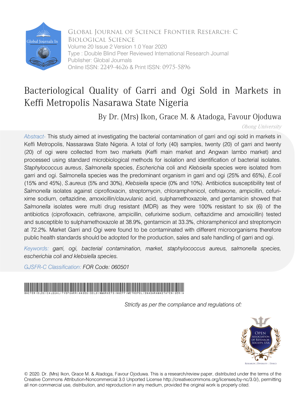 Bacteriological Quality of Garri and Ogi Sold in Markets in Keffi Metropolis Nasarawa State Nigeria by Dr