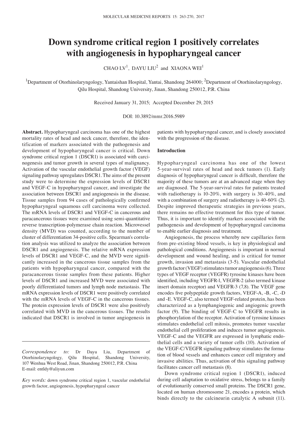 Down Syndrome Critical Region 1 Positively Correlates with Angiogenesis in Hypopharyngeal Cancer