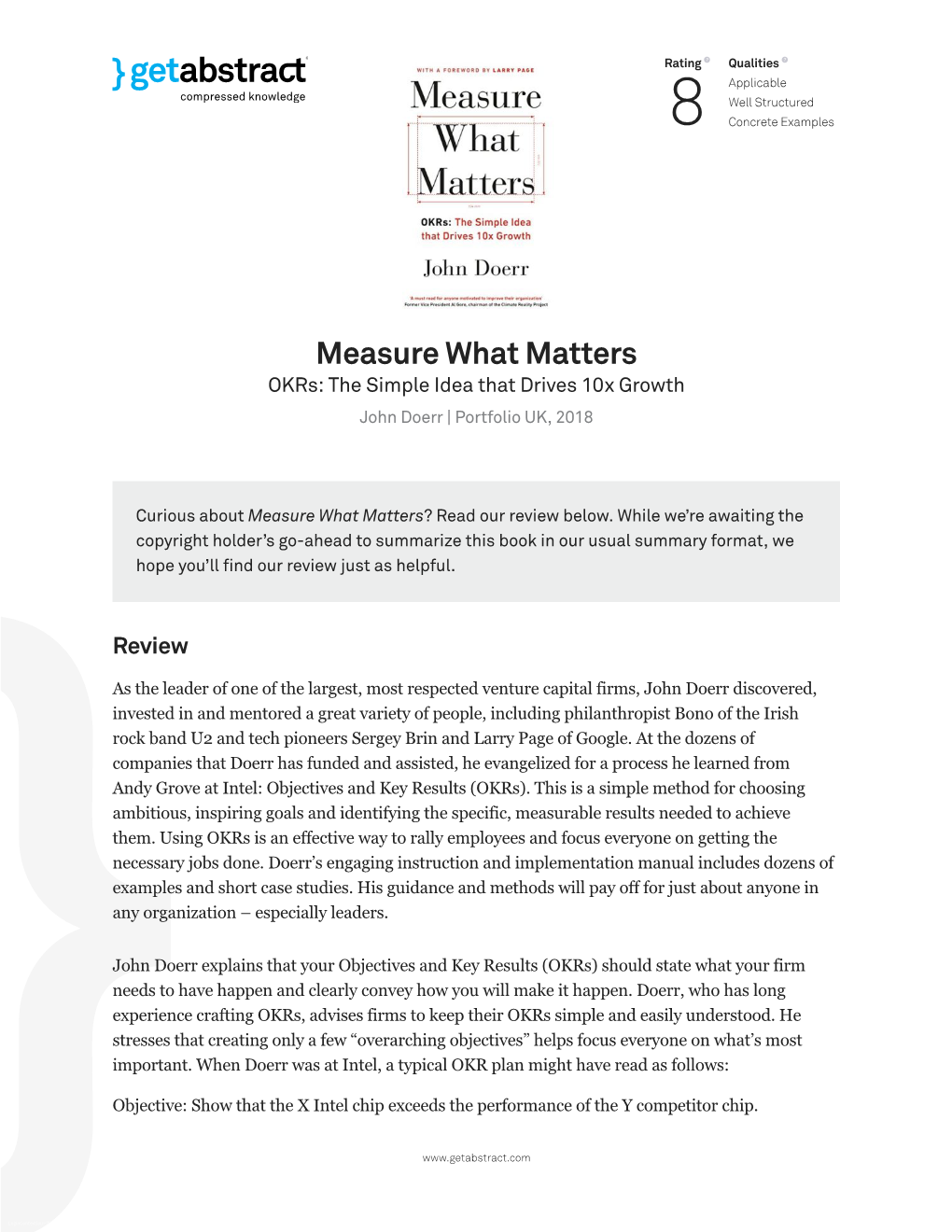 Measure What Matters Okrs: the Simple Idea That Drives 10X Growth John Doerr | Portfolio UK, 2018