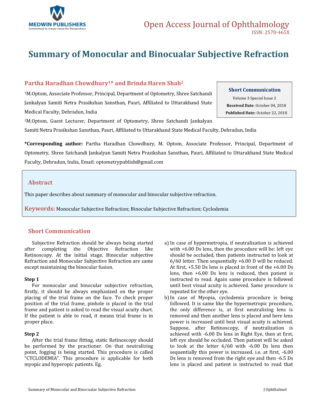 Summary of Monocular and Binocualar Subjective Refraction