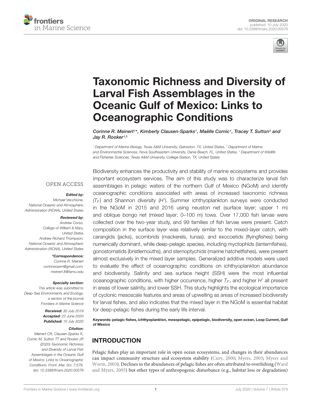 Taxonomic Richness and Diversity of Larval Fish Assemblages in the Oceanic Gulf of Mexico: Links to Oceanographic Conditions