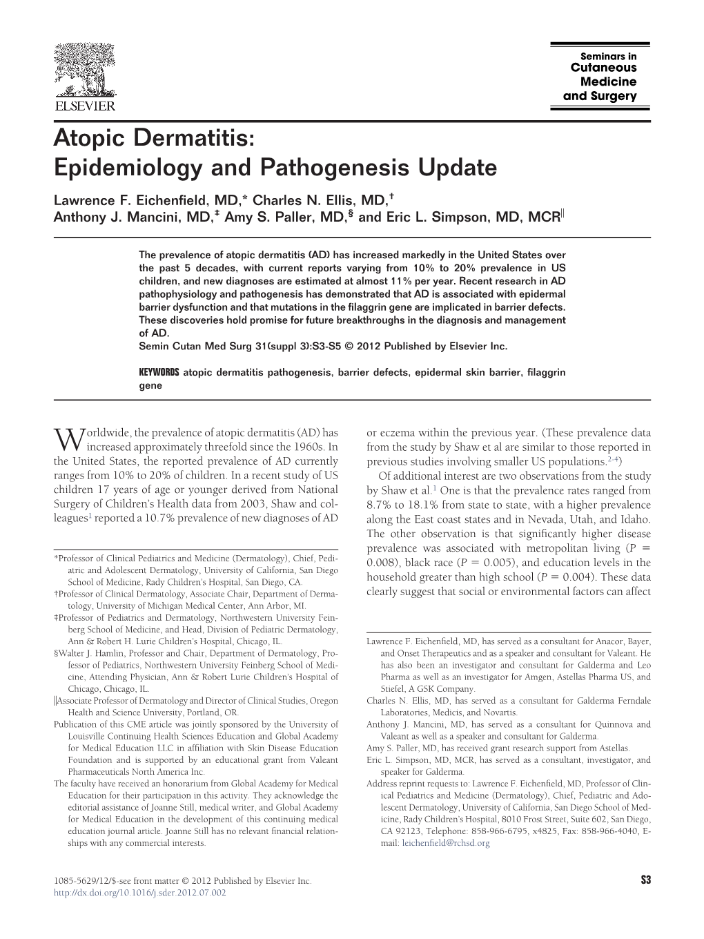 Atopic Dermatitis: Epidemiology and Pathogenesis Update Lawrence F