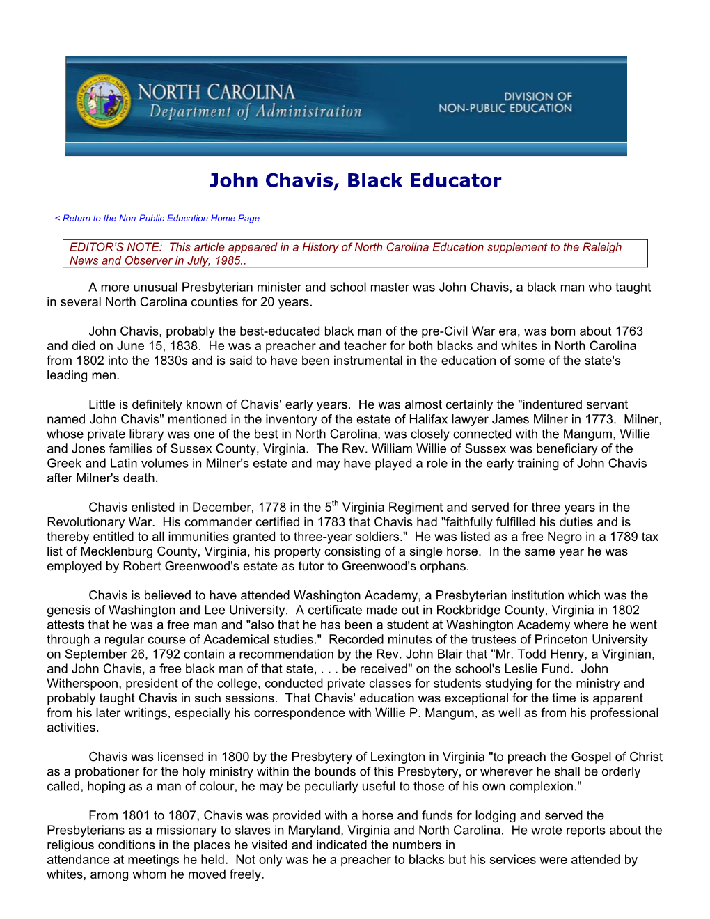 John Chavis, Black Educator