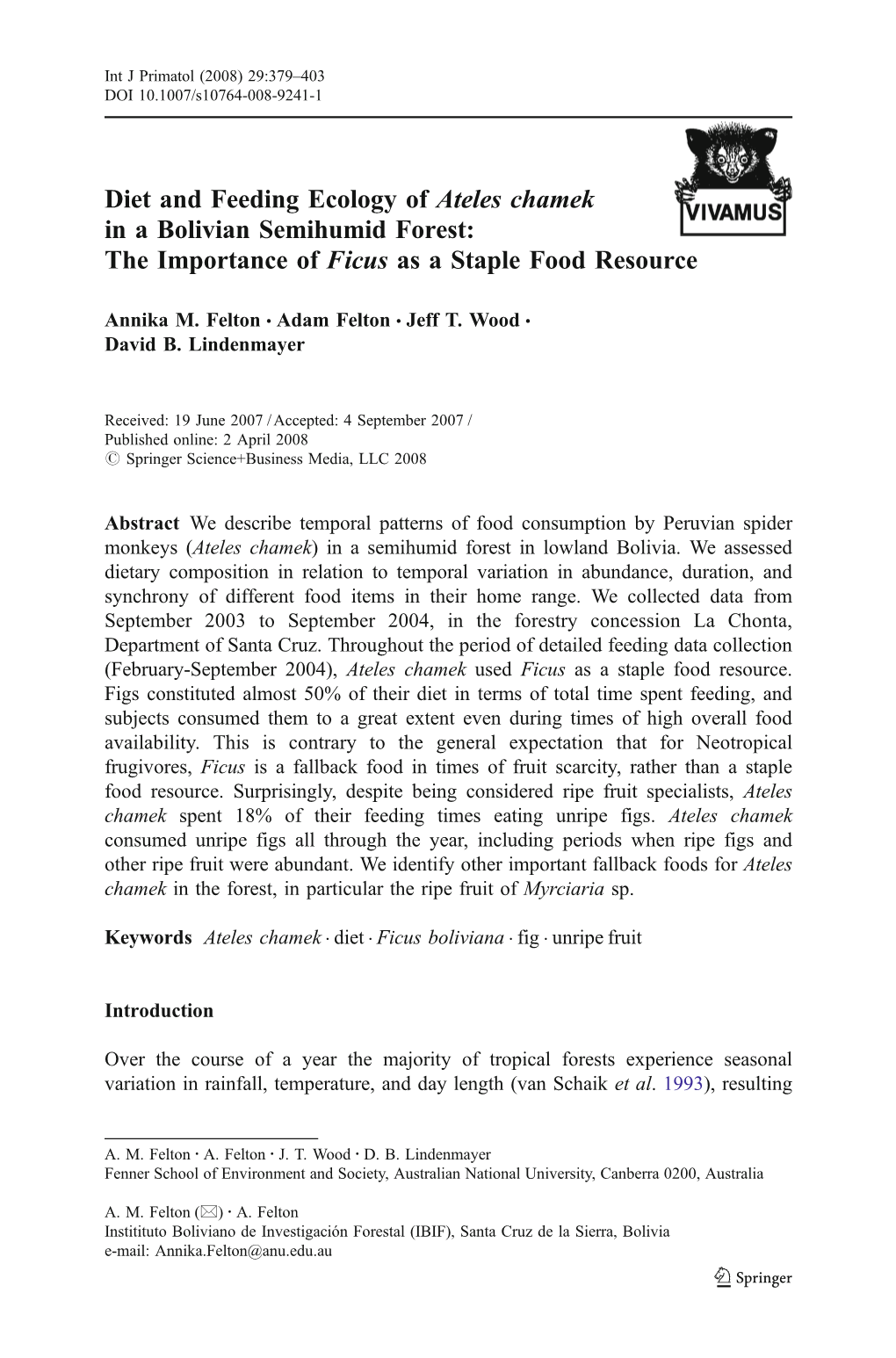 Diet and Feeding Ecology of Ateles Chamek in a Bolivian Semihumid Forest: the Importance of Ficus As a Staple Food Resource