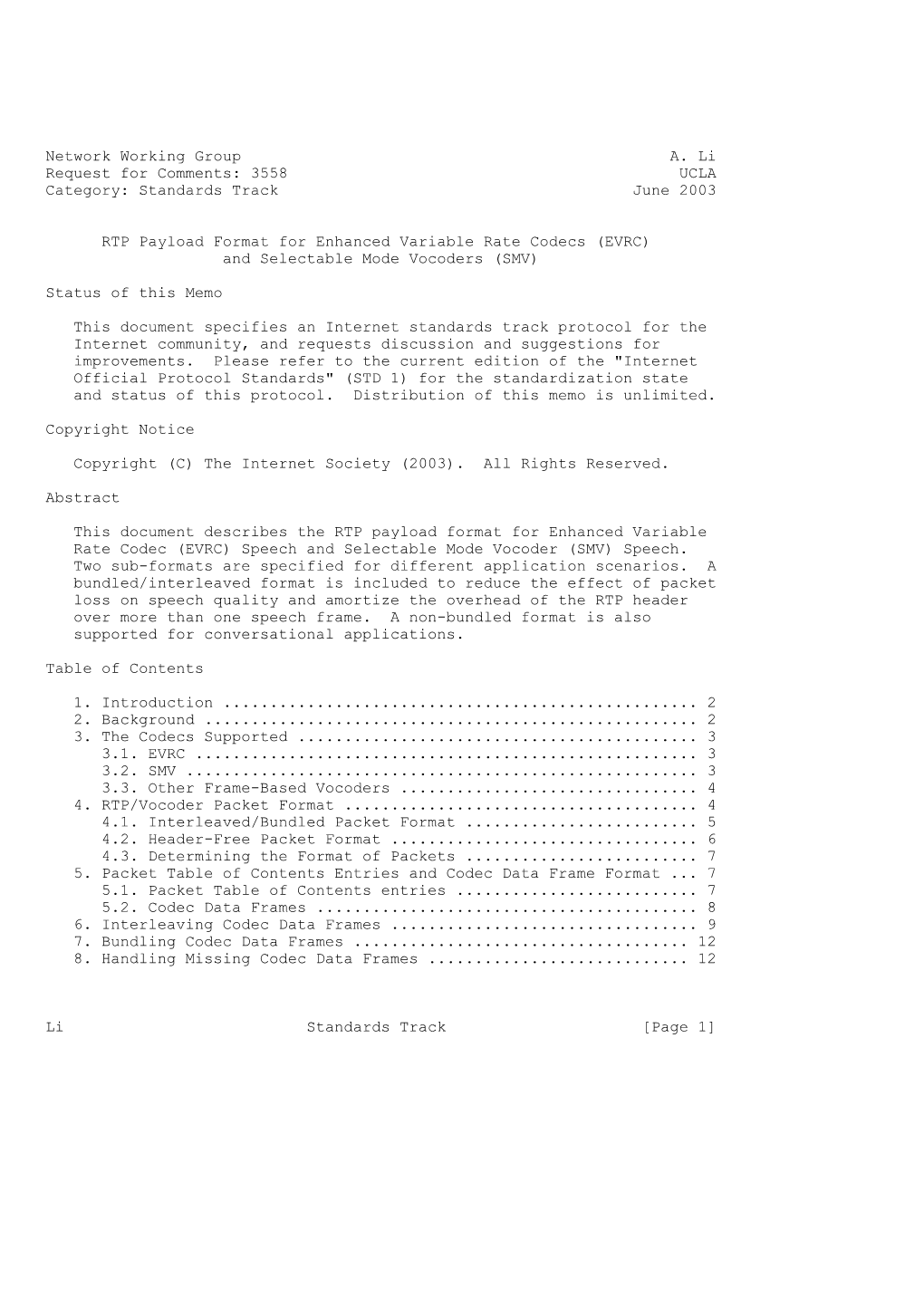 3558 UCLA Category: Standards Track June 2003 RTP Payload