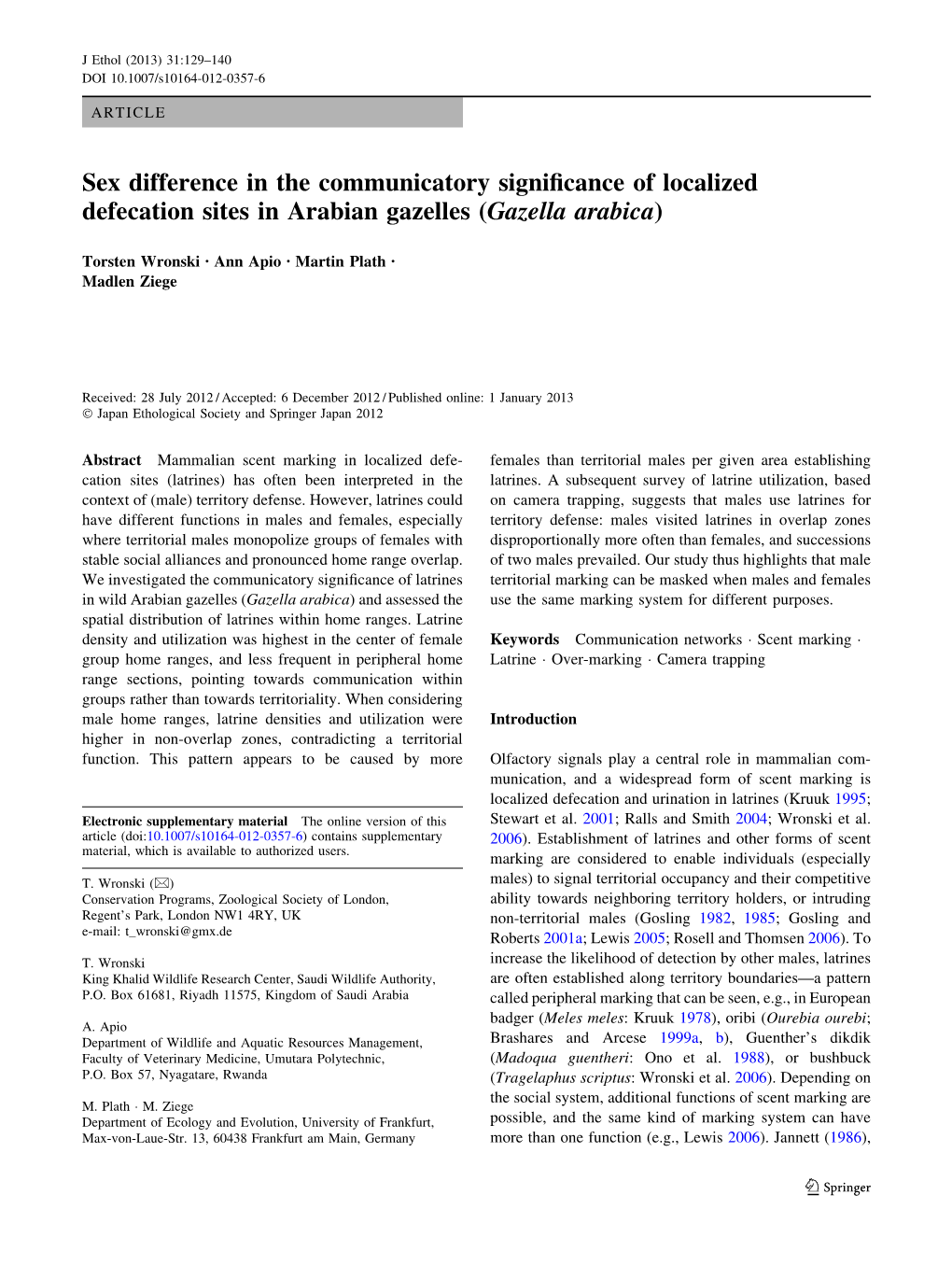 Sex Difference in the Communicatory Significance of Localized Defecation