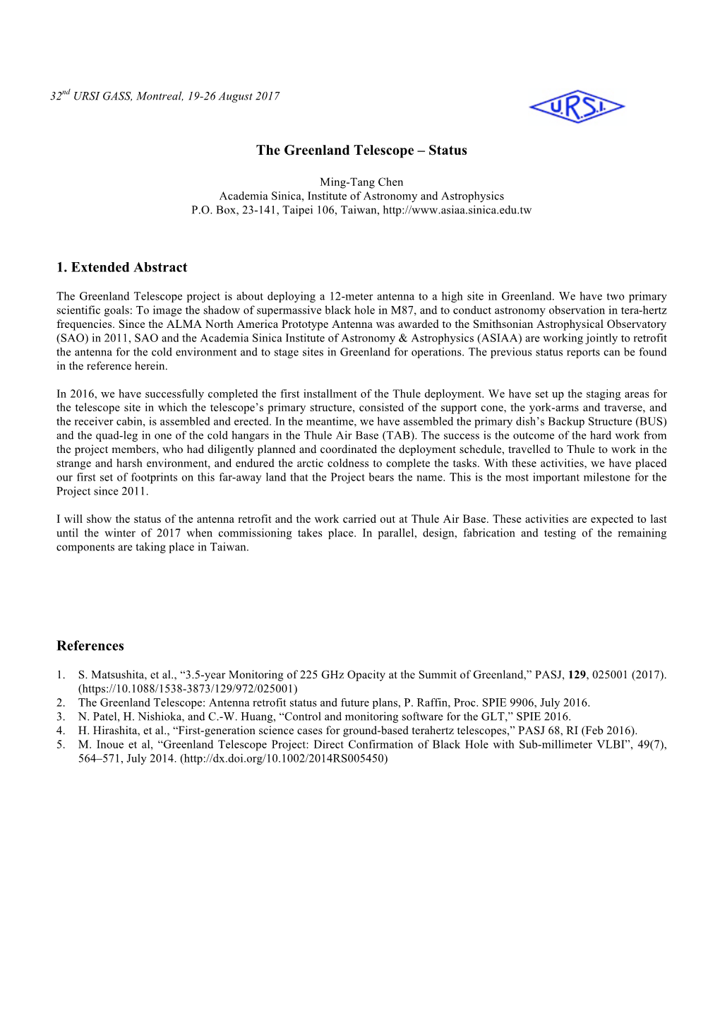 The Greenland Telescope – Status 1. Extended Abstract References