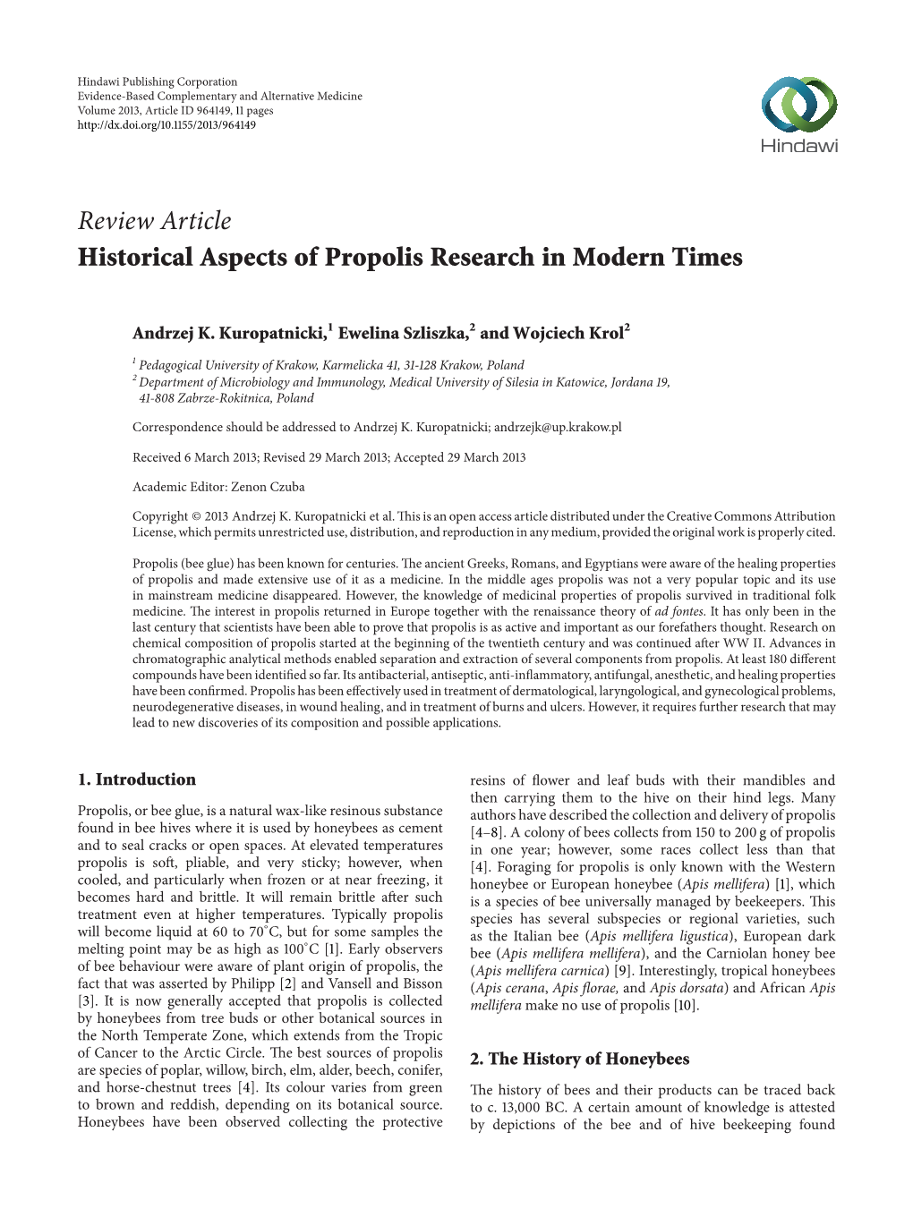 Review Article Historical Aspects of Propolis Research in Modern Times