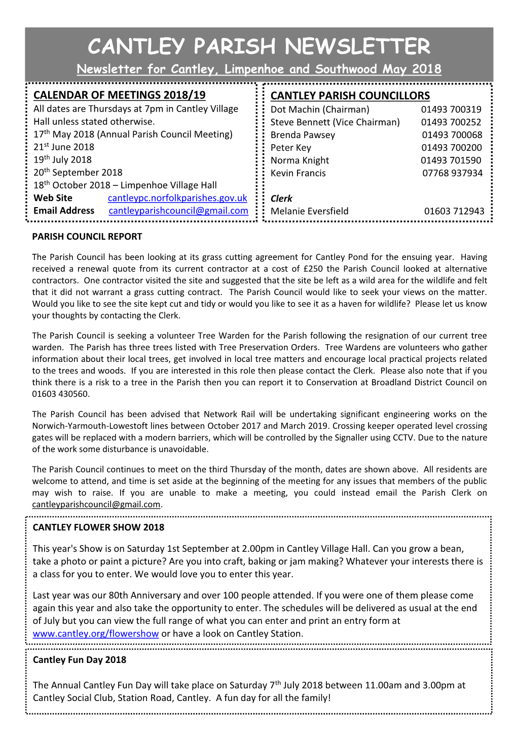 CANTLEY PARISH NEWSLETTER Newsletter for Cantley, Limpenhoe and Southwood May 2018