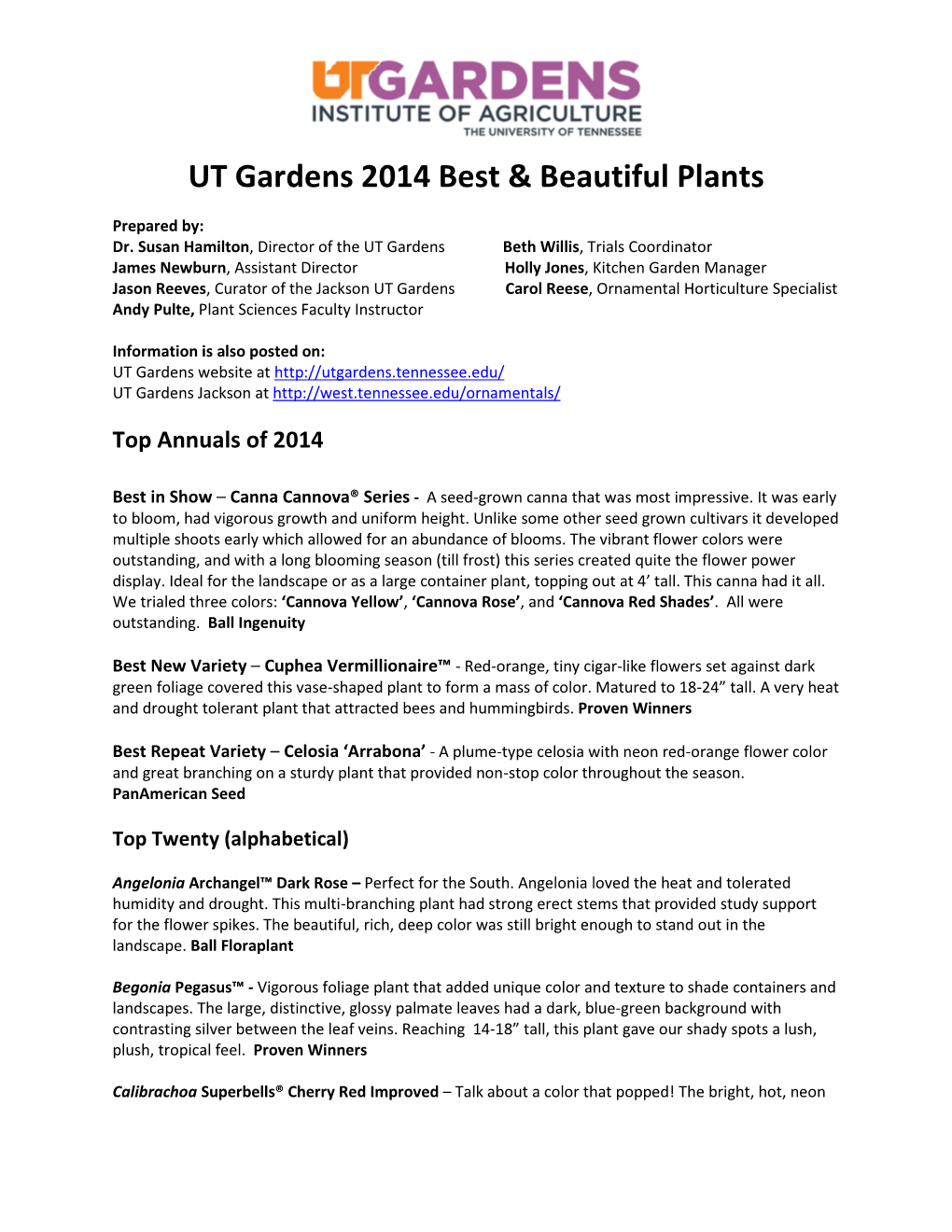 UT Gardens 2014 Best & Beautiful Plants
