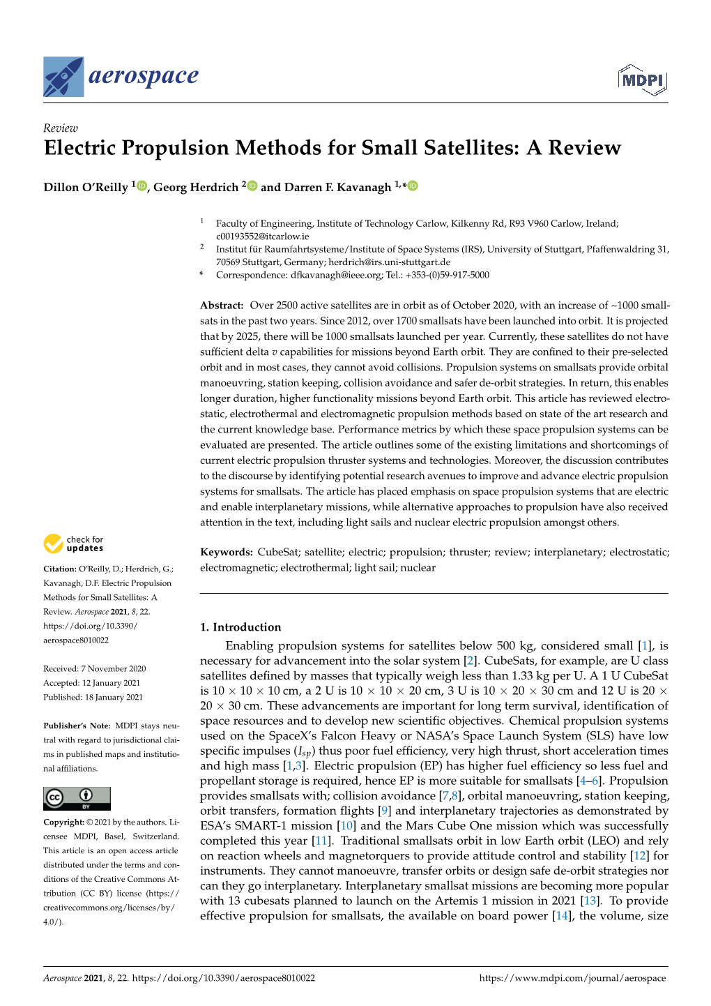 Electric Propulsion Methods for Small Satellites: a Review