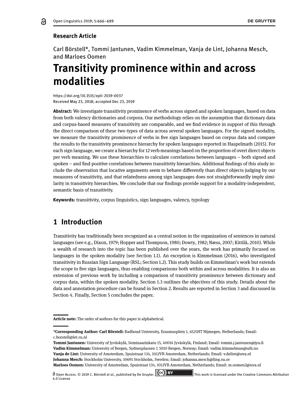 Transitivity Prominence Within and Across Modalities Received May 23, 2018; Accepted Dec 23, 2019