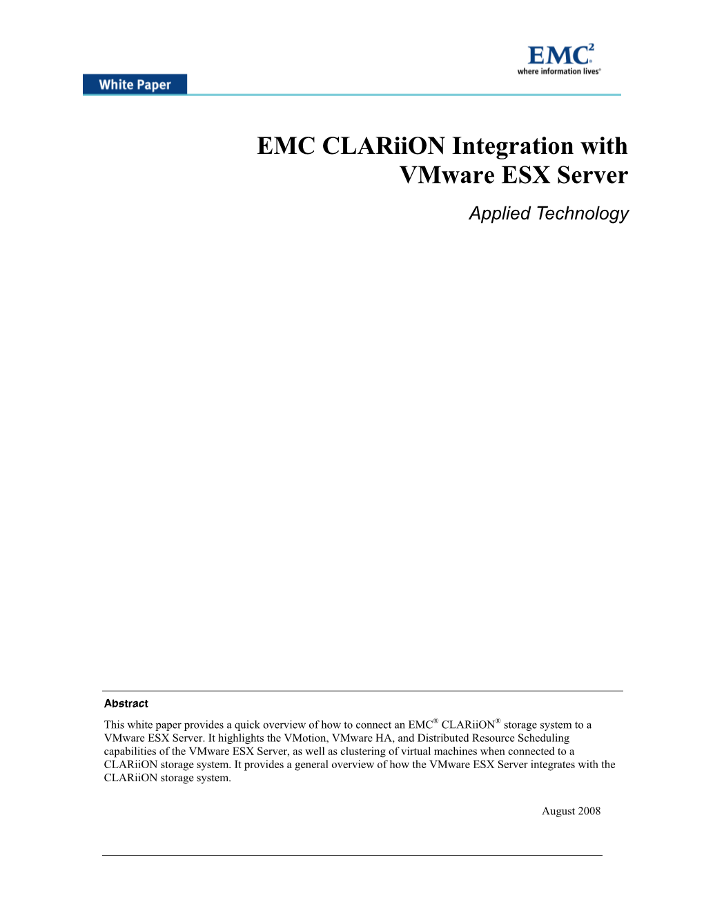 EMC Clariion Integration with Vmware ESX Server Applied Technology