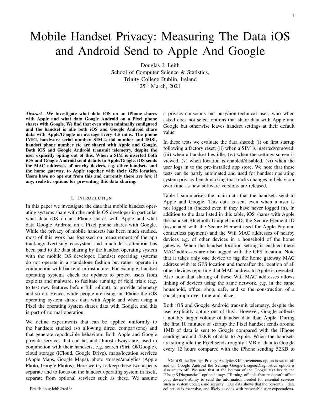 'Mobile Handset Privacy: Measuring the Data Ios and Android Send To