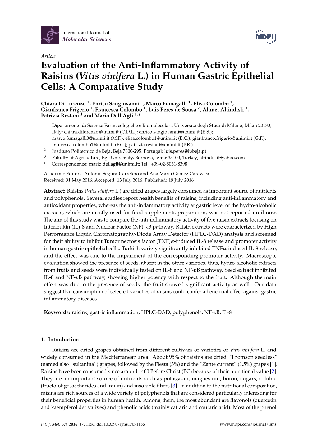 (Vitis Vinifera L.) in Human Gastric Epithelial Cells: a Comparative Study