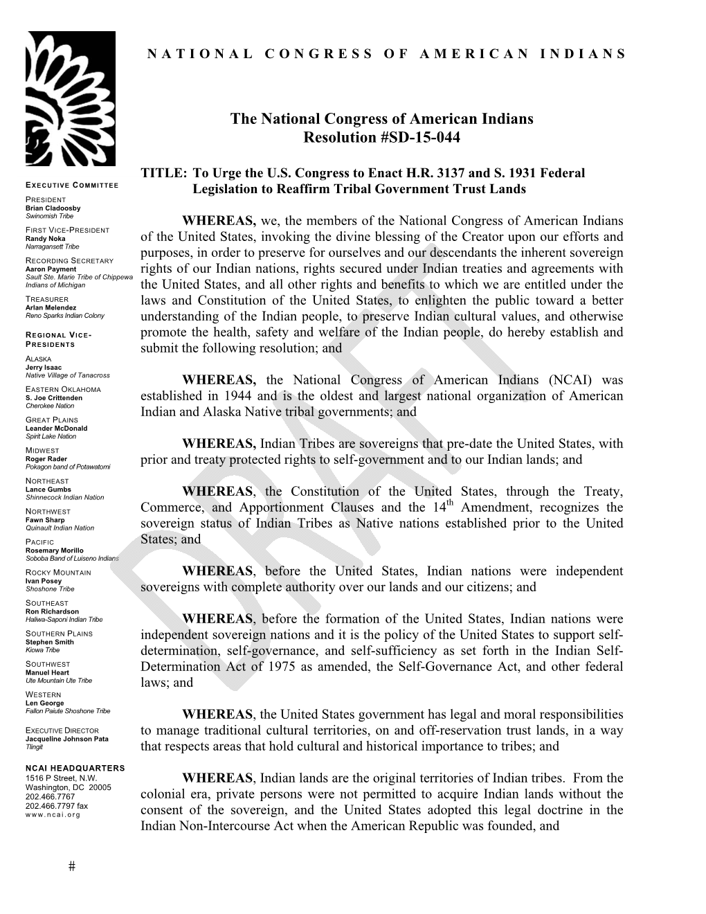 The National Congress of American Indians Resolution #SD-15-044