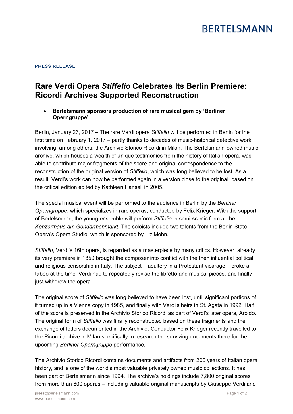 Rare Verdi Opera Stiffelio Celebrates Its Berlin Premiere: Ricordi Archives Supported Reconstruction